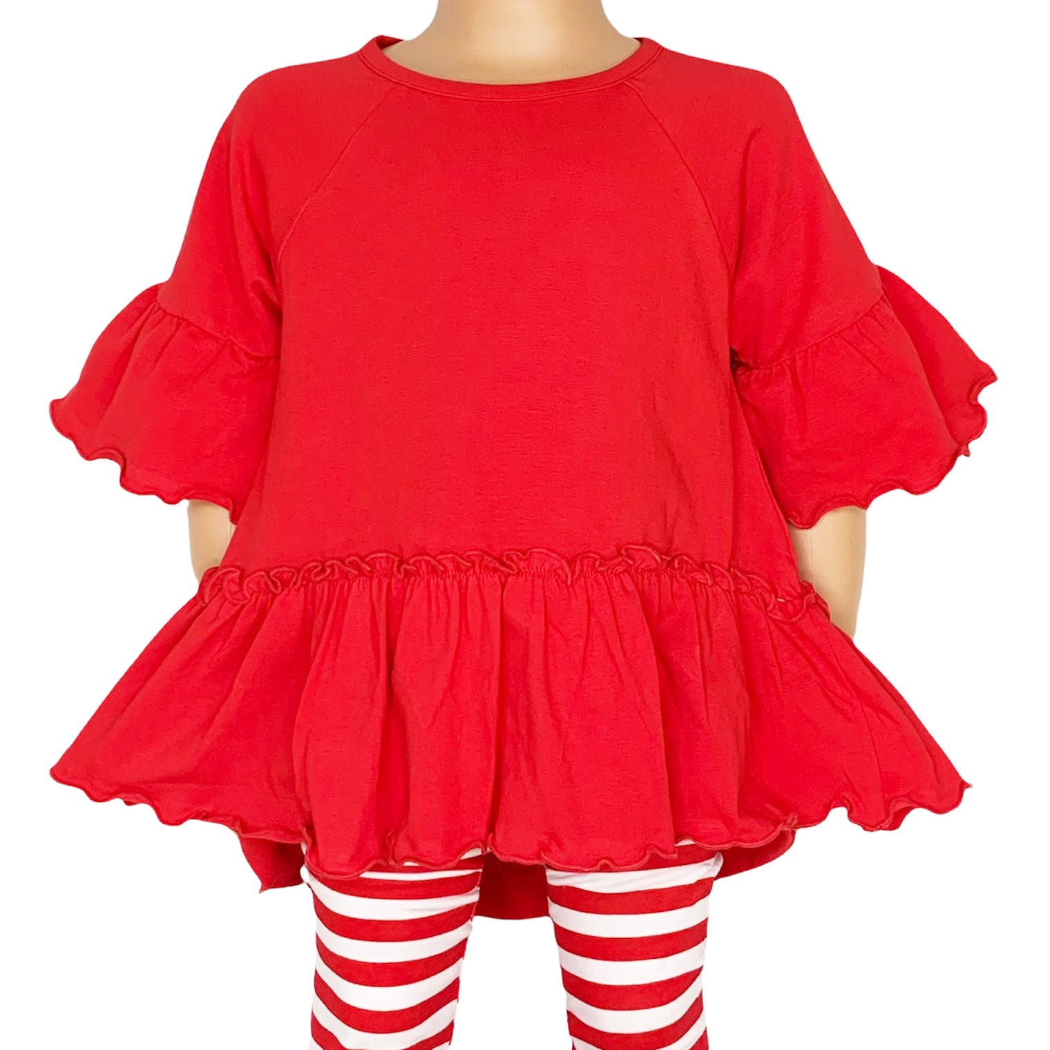 AnnLoren Little & Big Girls 3/4 Angel Sleeve Red Cotton Knit Ruffle top with bell sleeves and flowy silhouette.